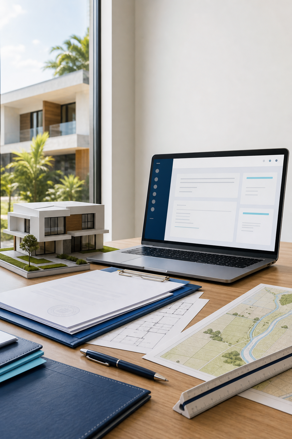 Maquete de casa, computador, plantas e documentos de imóvel organizados em um escritório